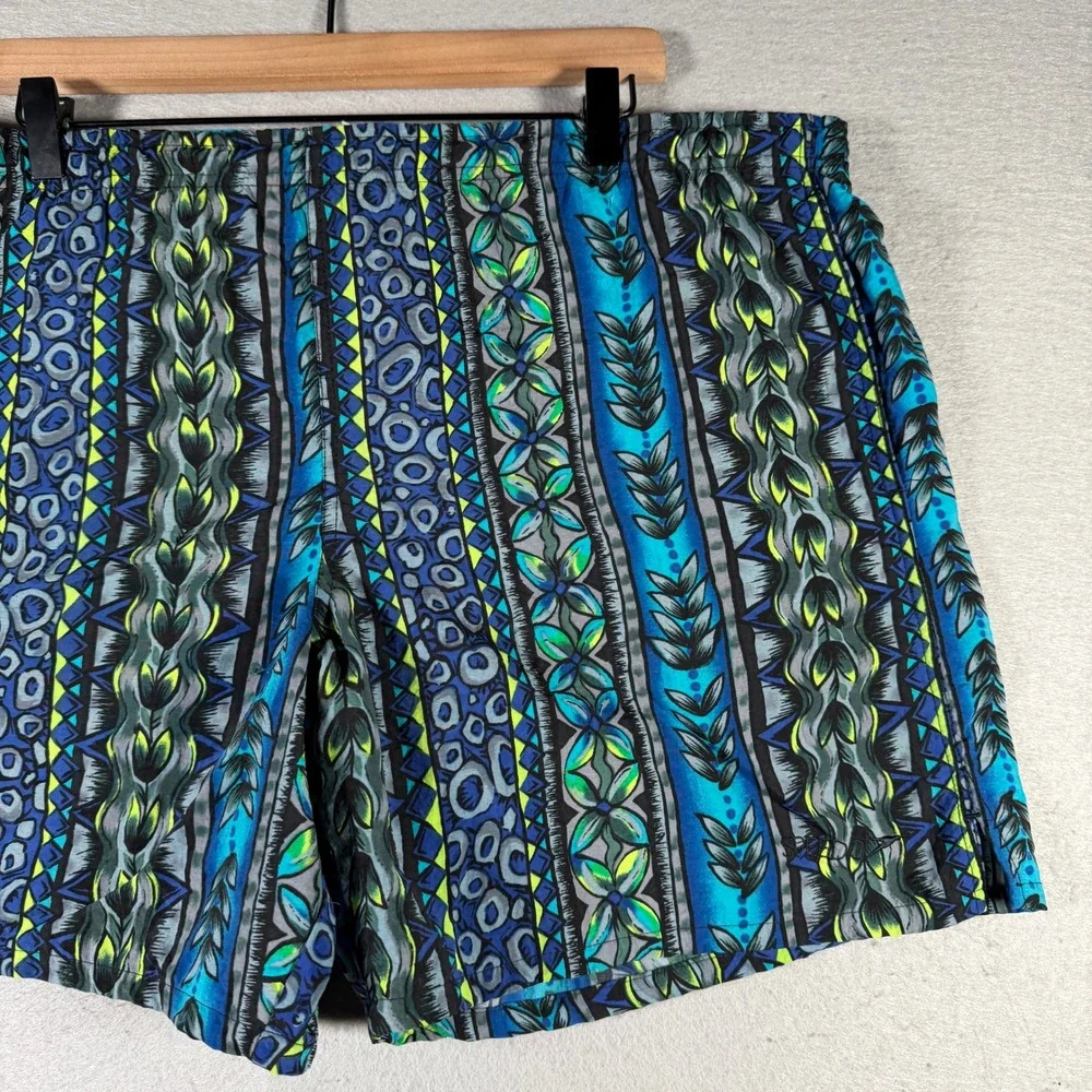 Speedo Mens Vintage Tribal Geometric Print Swim Trunks Blue Teal XL 90's